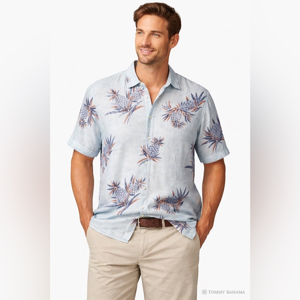 Coastal Vacation Linen Shirt Pineapple Print XL Tall Resort Dadcore